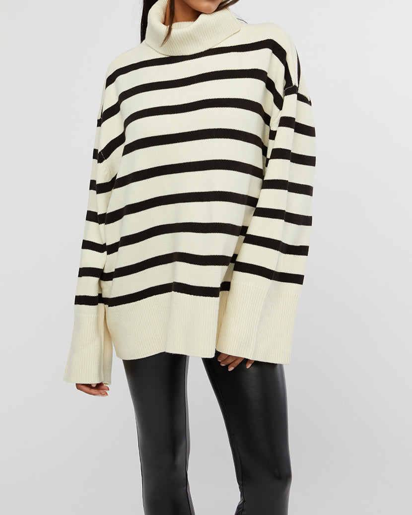 Striped Turtle Neck Sweater | Ecru/Black