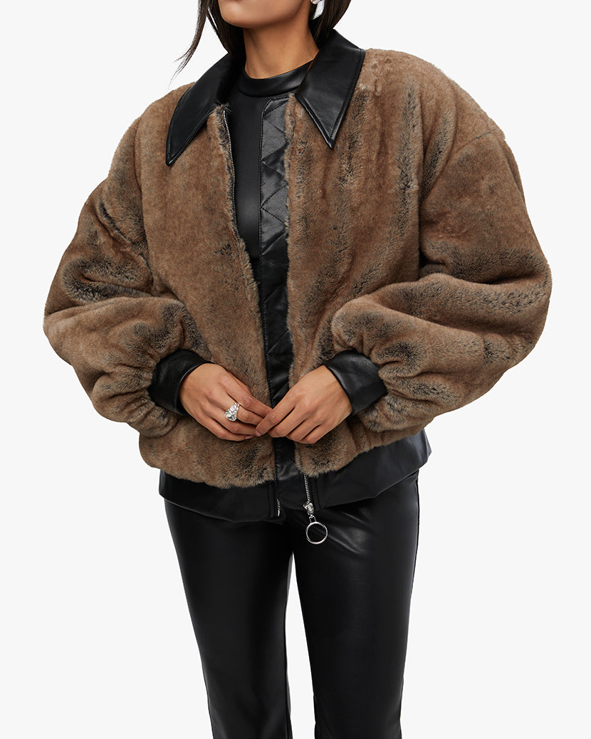Faux Fur Bomber Jacket | Black/Brown