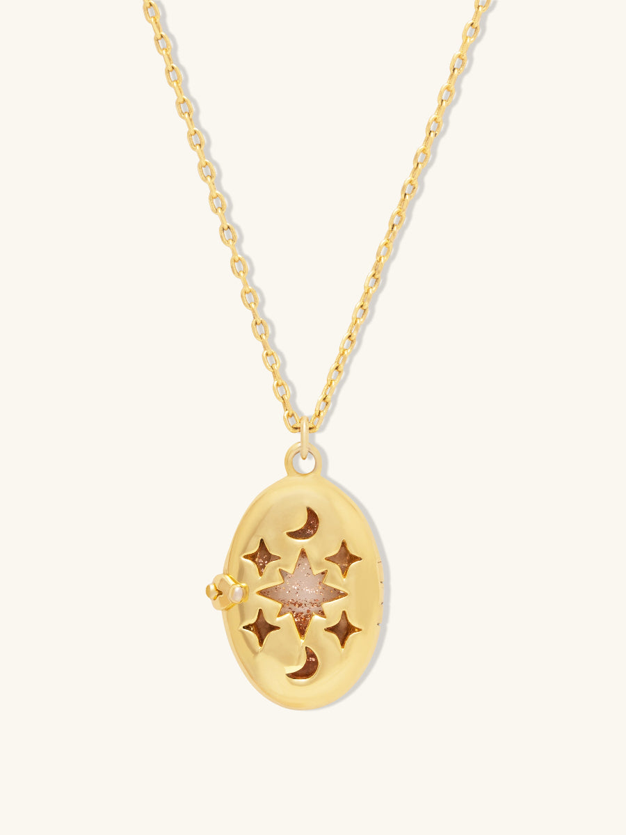 Aura Citrine Quartz Locket Necklace | Citrine Quartz Glass | 14K Gold Plated Brass