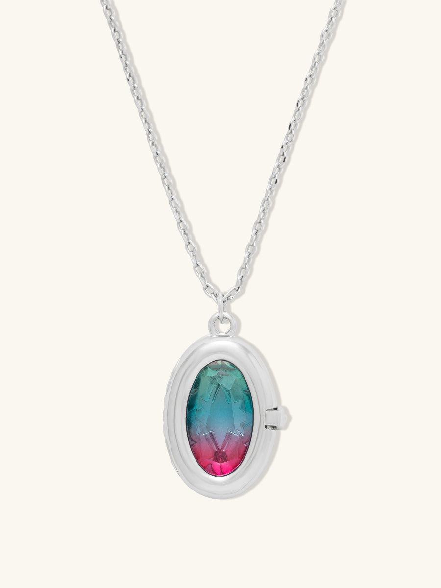 Aura Ombre Locket Necklace | Fuchsia/Turquoise Glass | Silver Rhodium Plated Brass