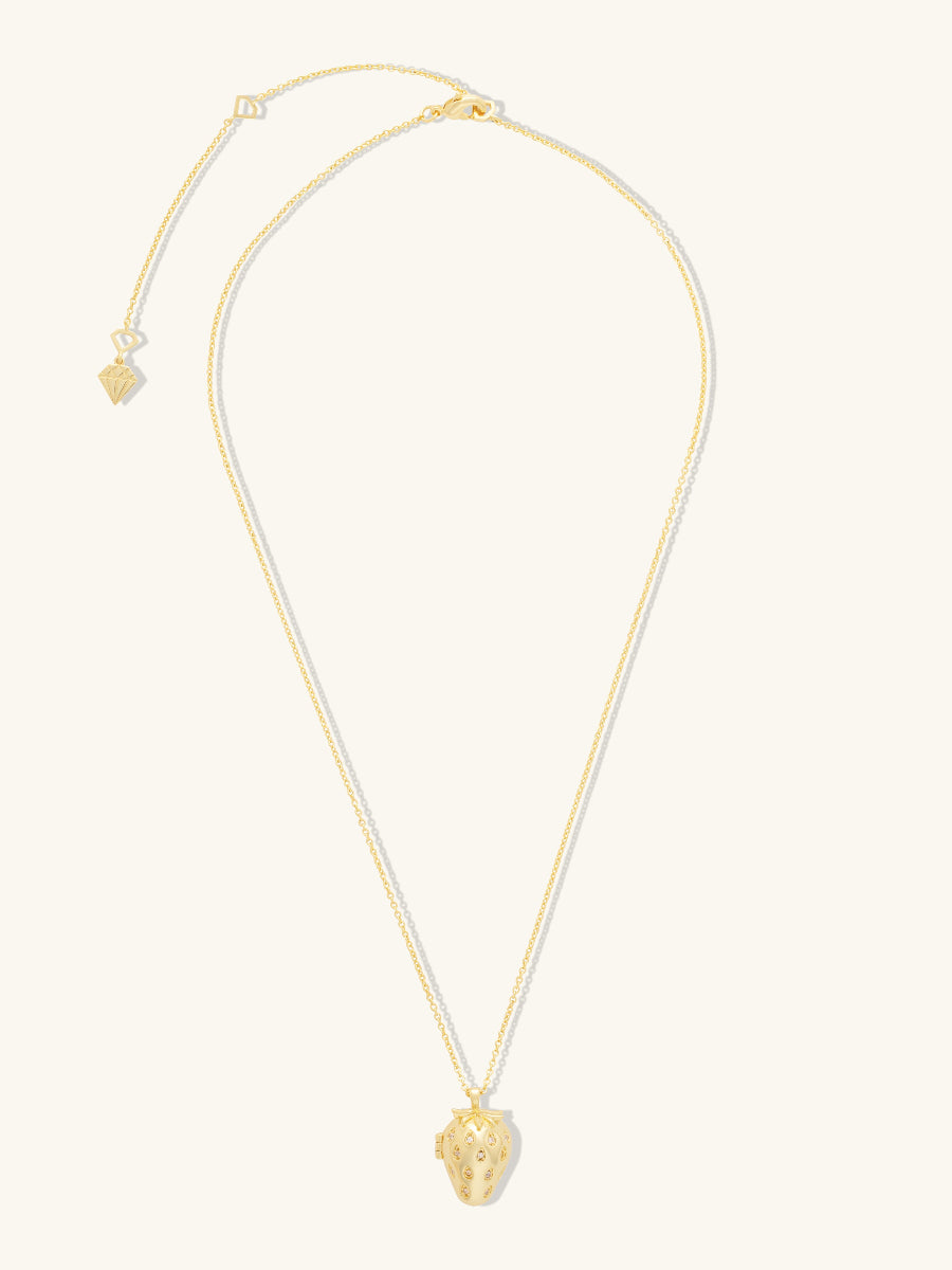 Strawberry Locket Necklace | 5A Grade Cubic Zirconia | 14K Gold Plated Brass