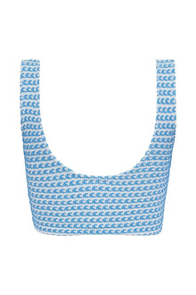 Blue and white bikini top with repeating wave pattern and thick shoulder straps.
