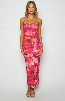 Beginning Boutique When in Rome Pink Print Mesh Maxi Skirt pink abstract floral print mesh bodycon maxi skirt