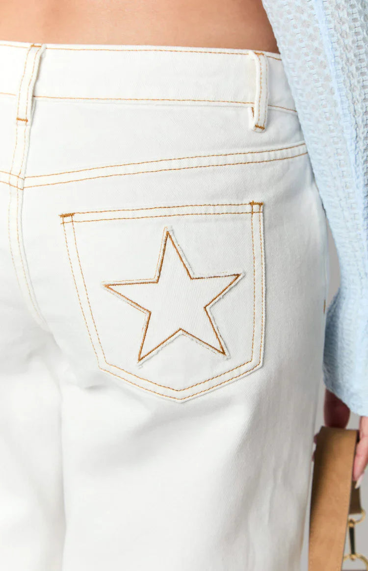 Clara Star Denim Low Rise Jeans | White