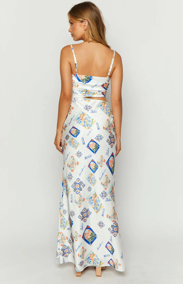 Willa Satin Italia Print Maxi Dress | White