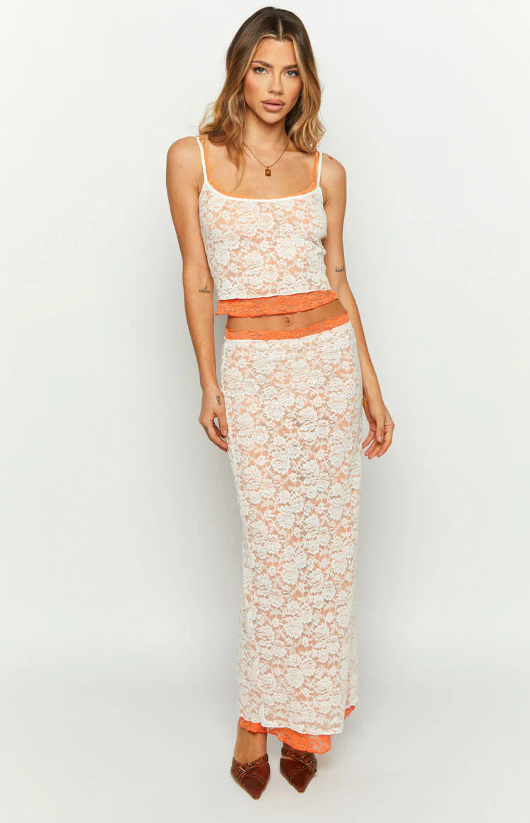 Willow Contrast Lace Midi Skirt | Orange