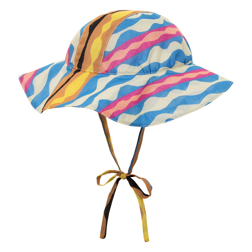 Wide-brimmed floppy hat with abstract wavy stripe pattern in blue, pink, yellow, and cream with tan chin straps.