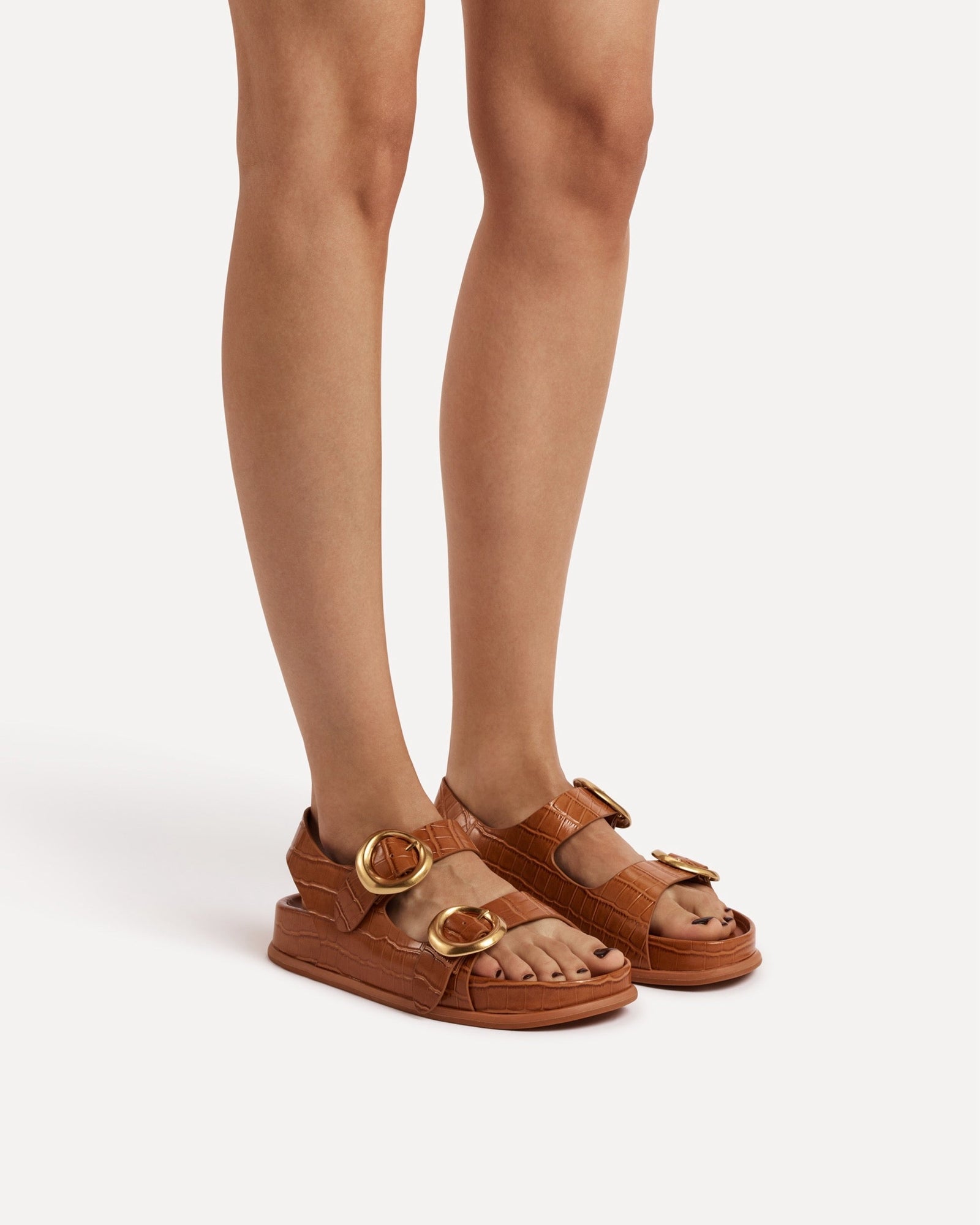 Allegra Chunky Flat Sandal | Tan Crocodile