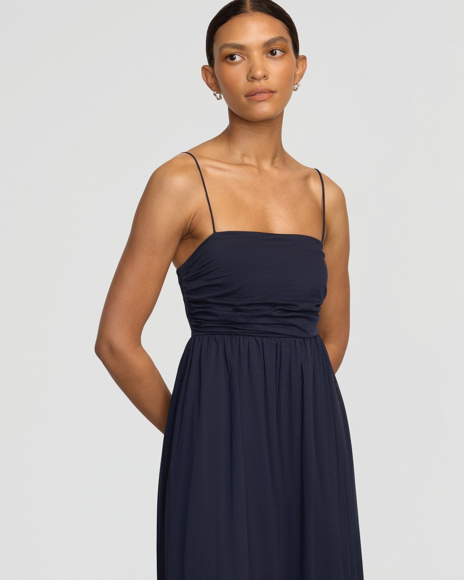 Vanessa | Aurora Ruched Organic Cotton Maxi Dress in Size Small