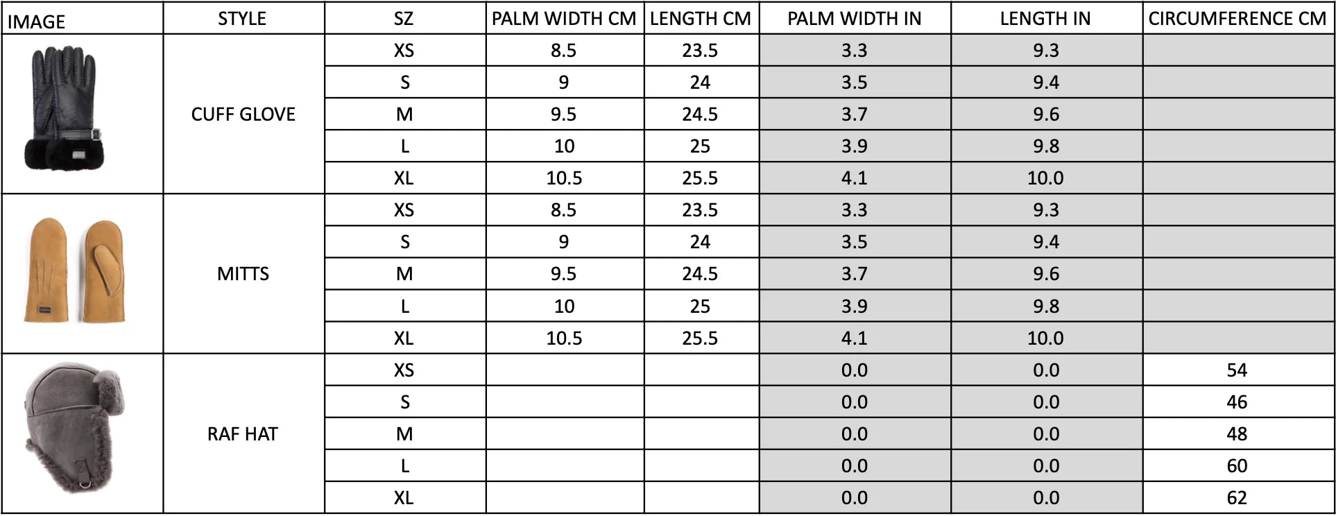 Product size guide