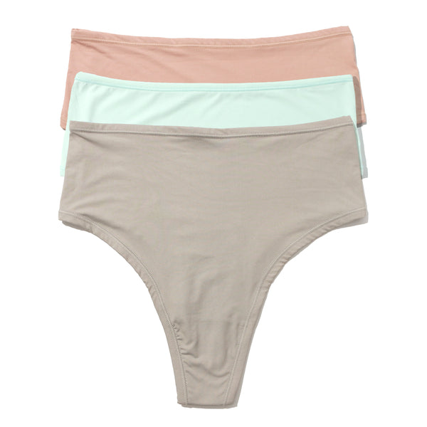 3-Pack YourFit High Cut Thong | Almond Milk - Crystal Clear - Sleep In (Grey)