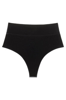 Black velvet high-rise bikini bottom with wide waistband and full coverage cut.