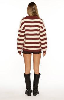 Rear view of a burgundy and cream striped knit polo sweater with long sleeves