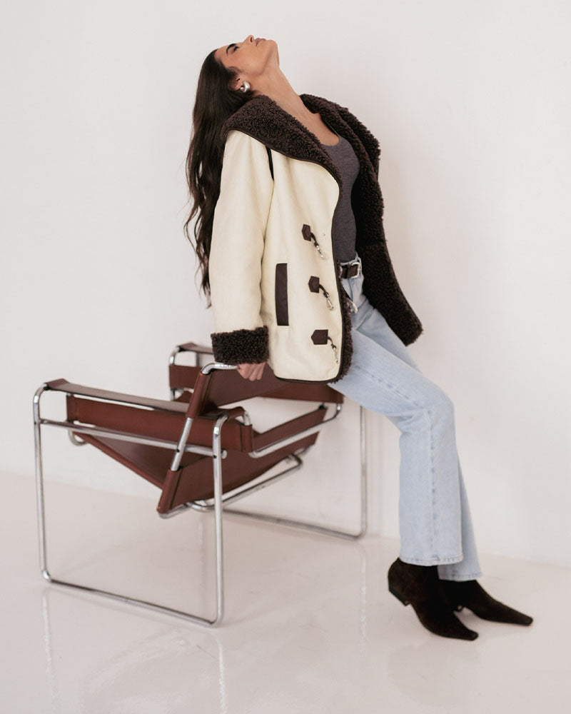 Faux Suede Bonded Sherpa Toggle Jacket | Ecru/Saddle