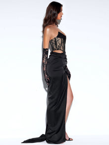 Callie Lace Satin Corset High Slit Gown | Black