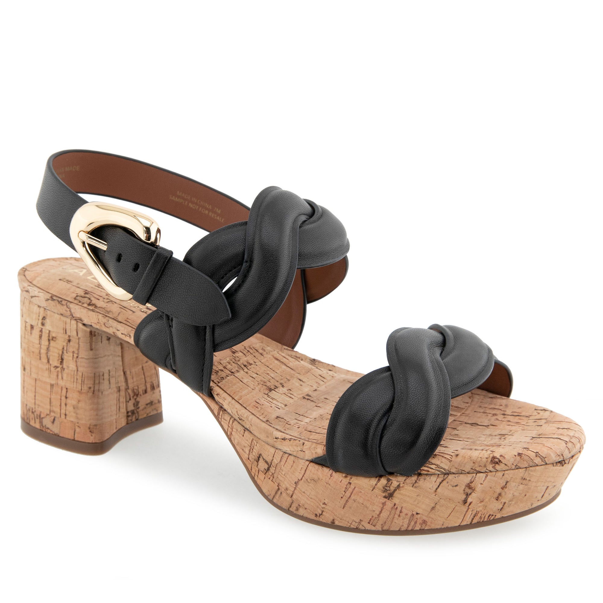 Camea Sandal Platform | Black Leather W/Raffia Heel