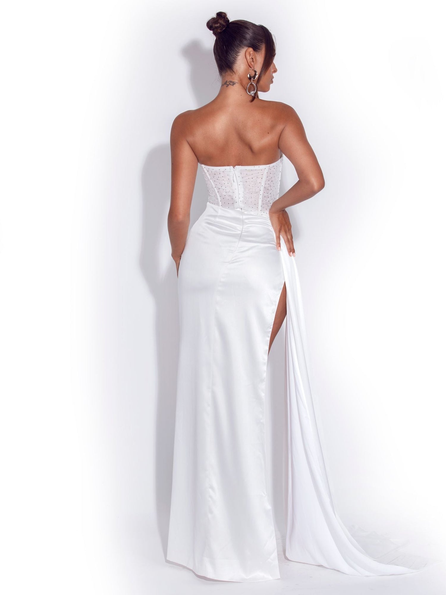 Holly Crystallized Corset High Slit Satin Gown | White