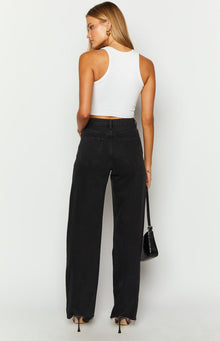 Gem Diamante Trim Wide Leg Denim Jeans | Black