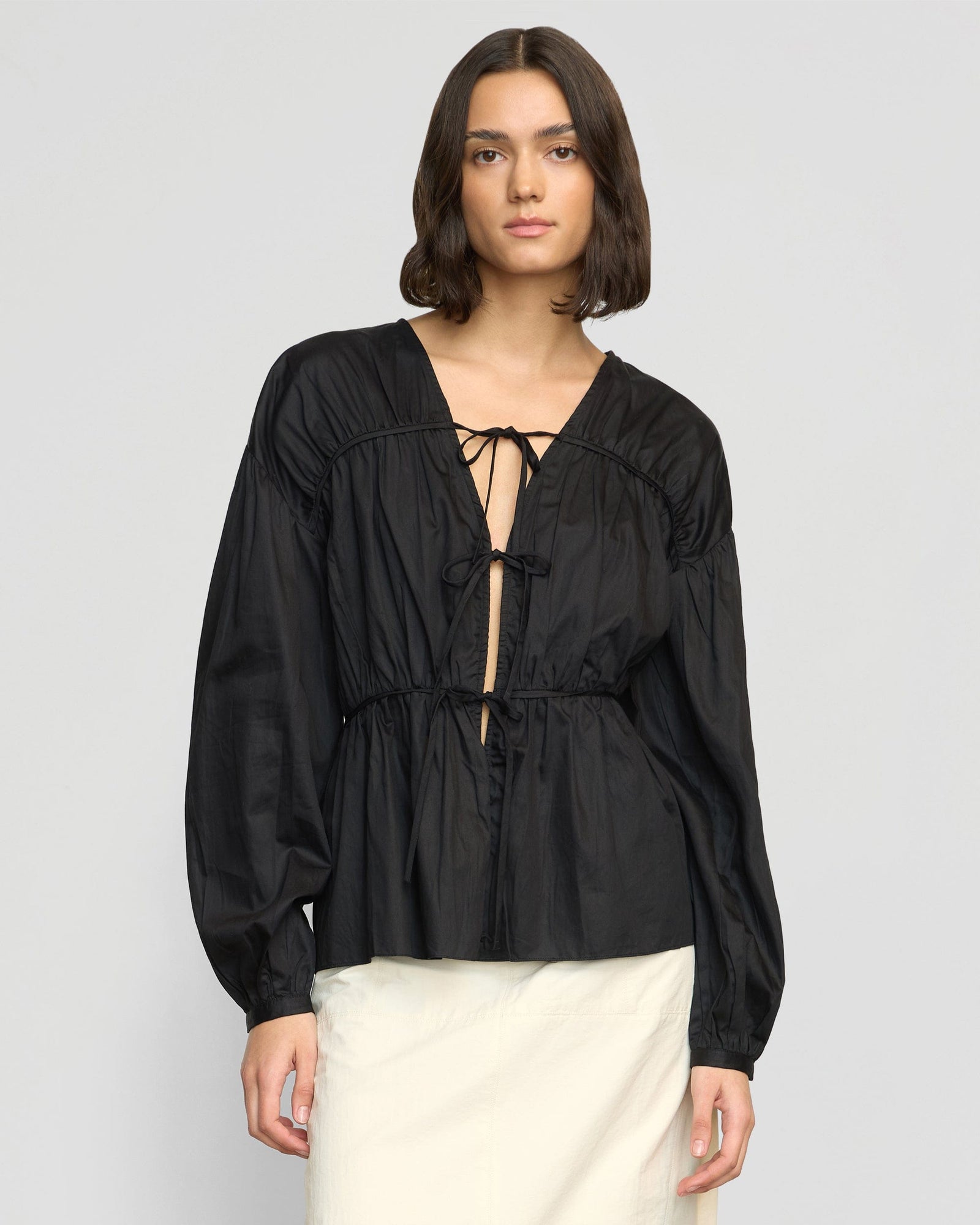 Olivia | Hira Tie-Front Cotton Blouse in Size Small