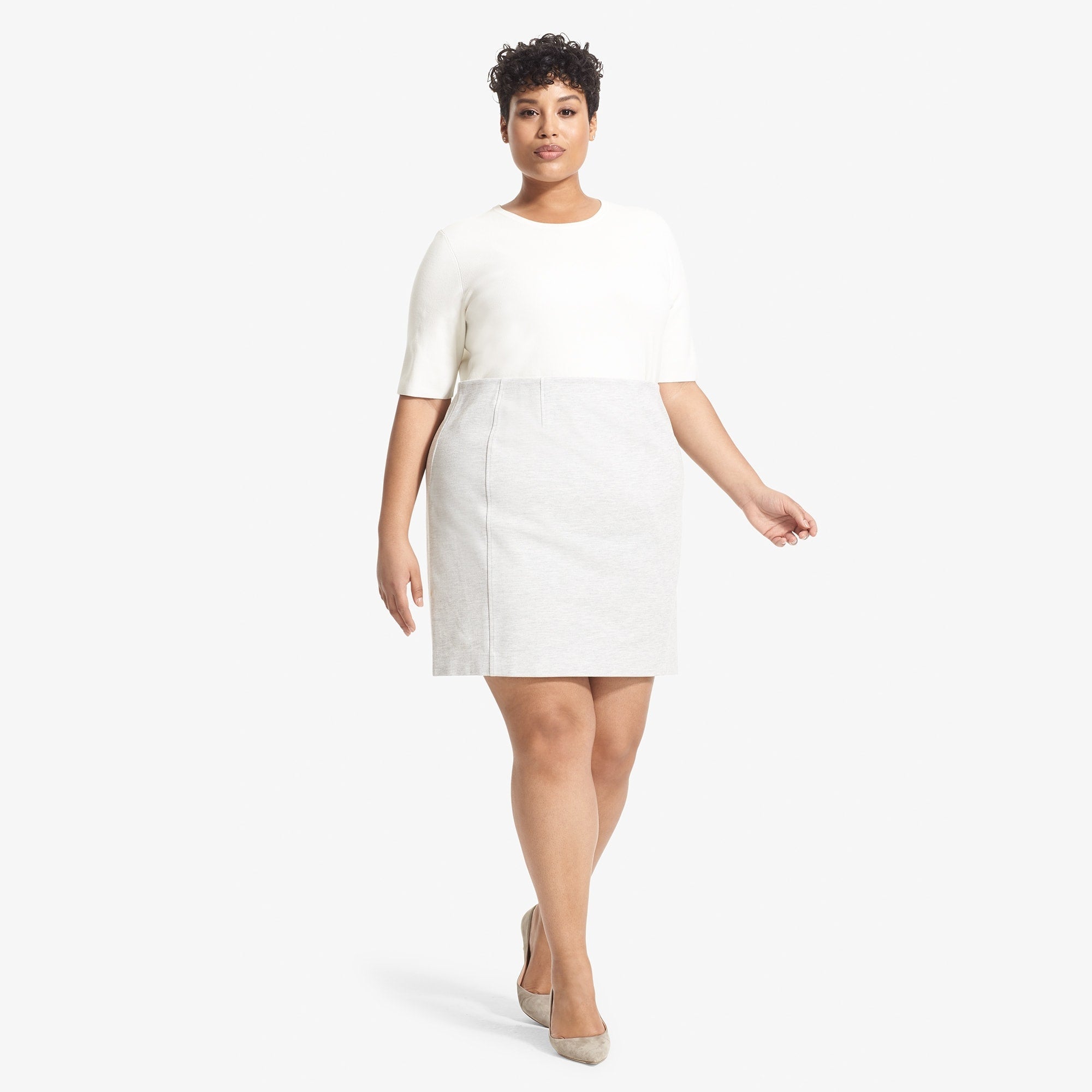 Front image of a woman standing wearing the Crosby Twill Ponte in Light Heather Grey | Lead