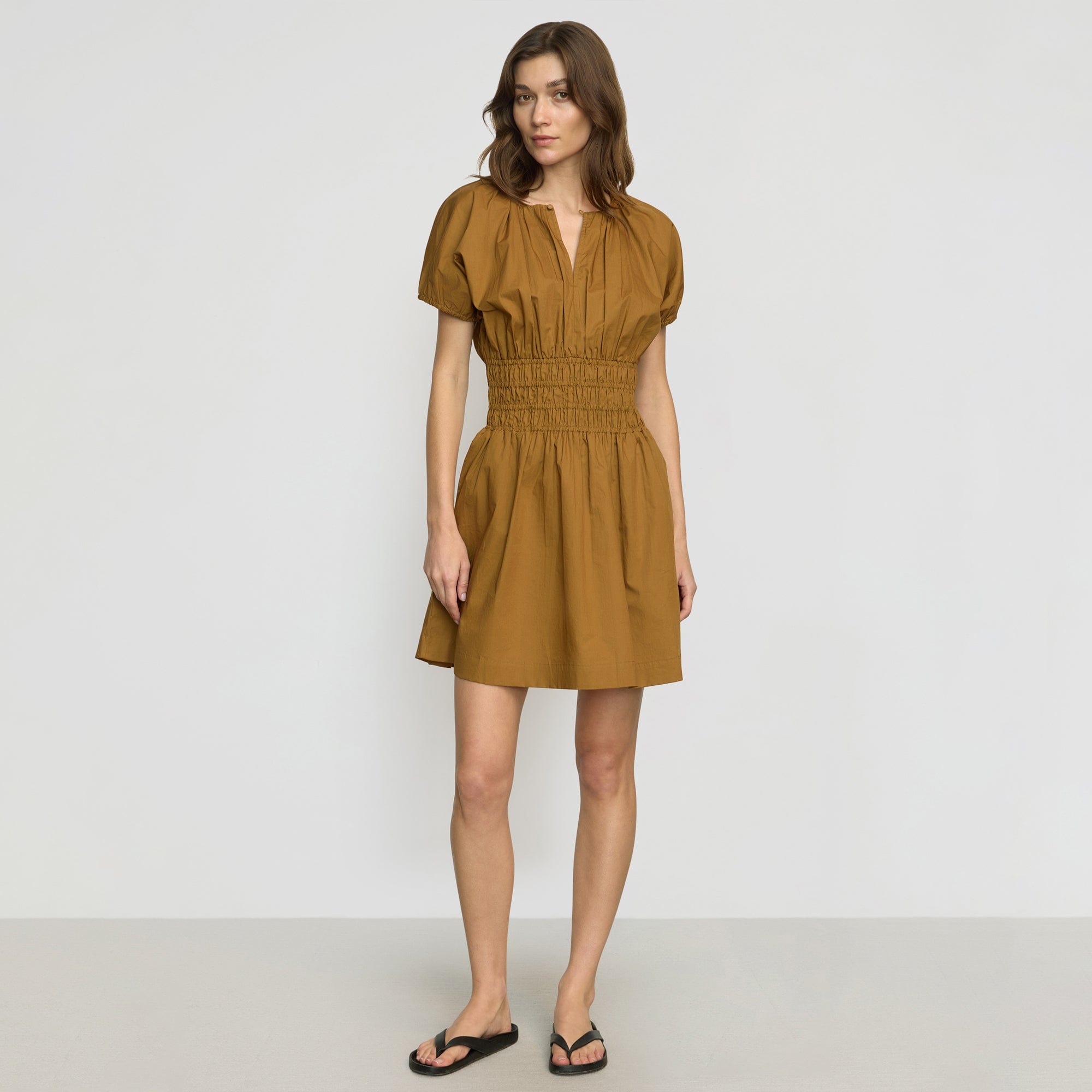 Kaci Cinched-Waist Organic Cotton Dress | Light Ochre