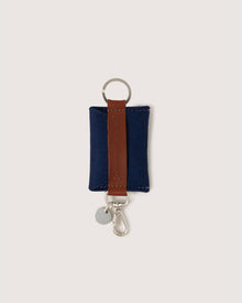 Marine Merino Wool Card Key Fob with silver colored Lobster Clasp, Flat Wide Keyring, and Logo Tog Tag, white background.