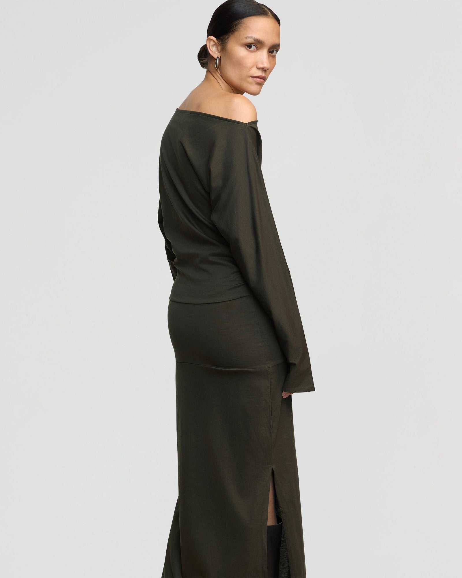 Charlotte | Kezia Off-Shoulder Satin Jersey Dress in Size Small