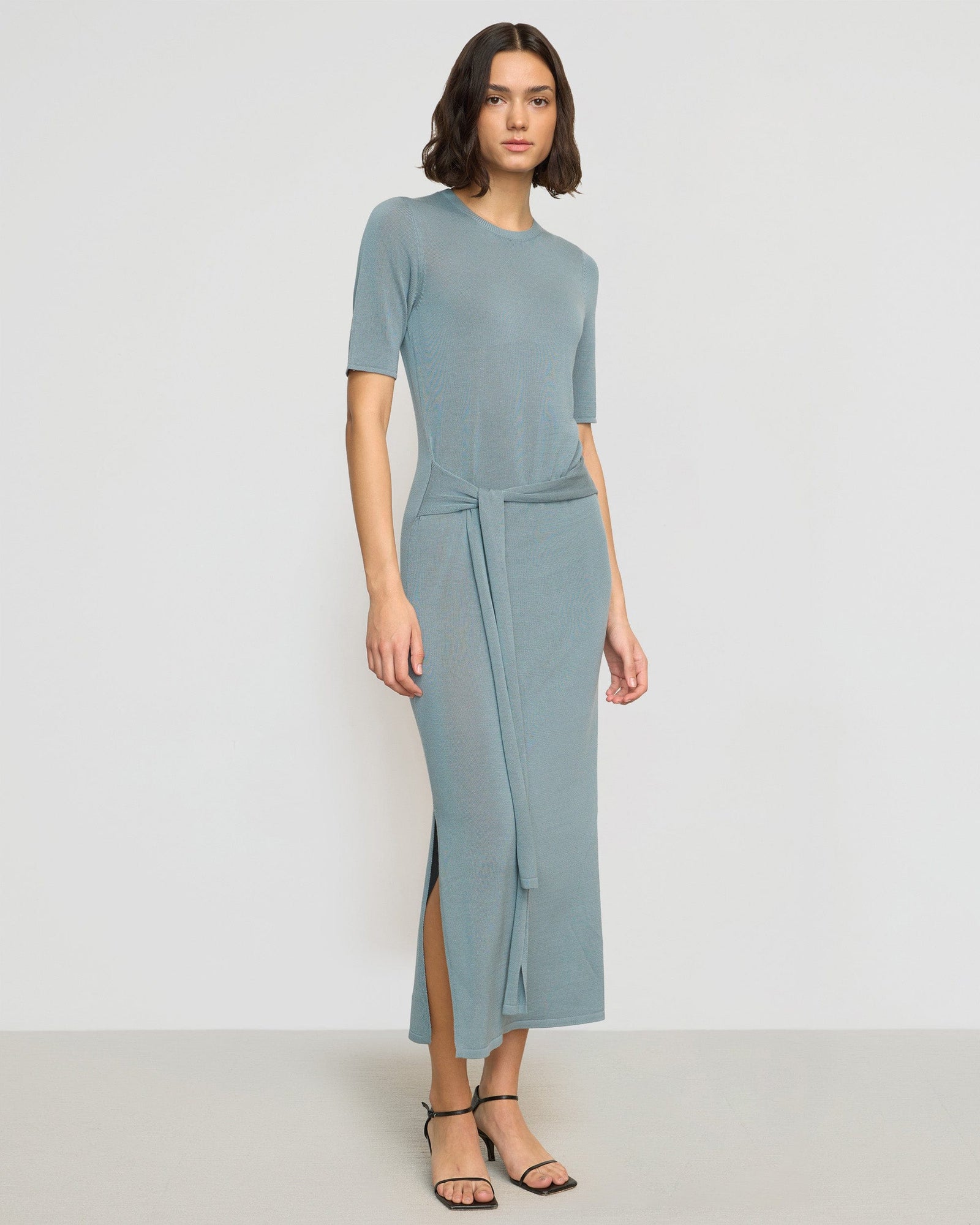 Olivia | Larkyn Tie-Front Semi-Sheer Tencel-Wool Dress in Size Small 