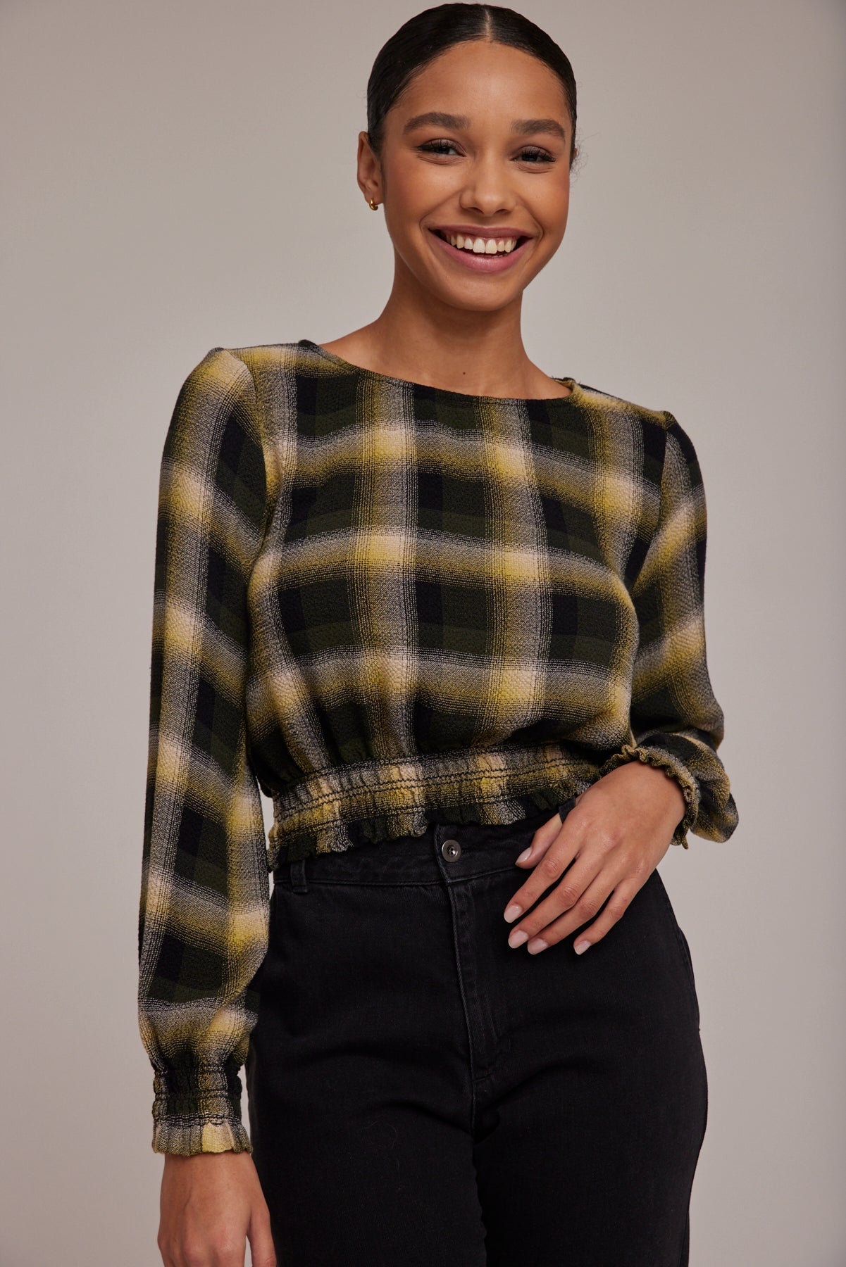 Long Sleeve Smocked Blouse - Green & Black Plaid