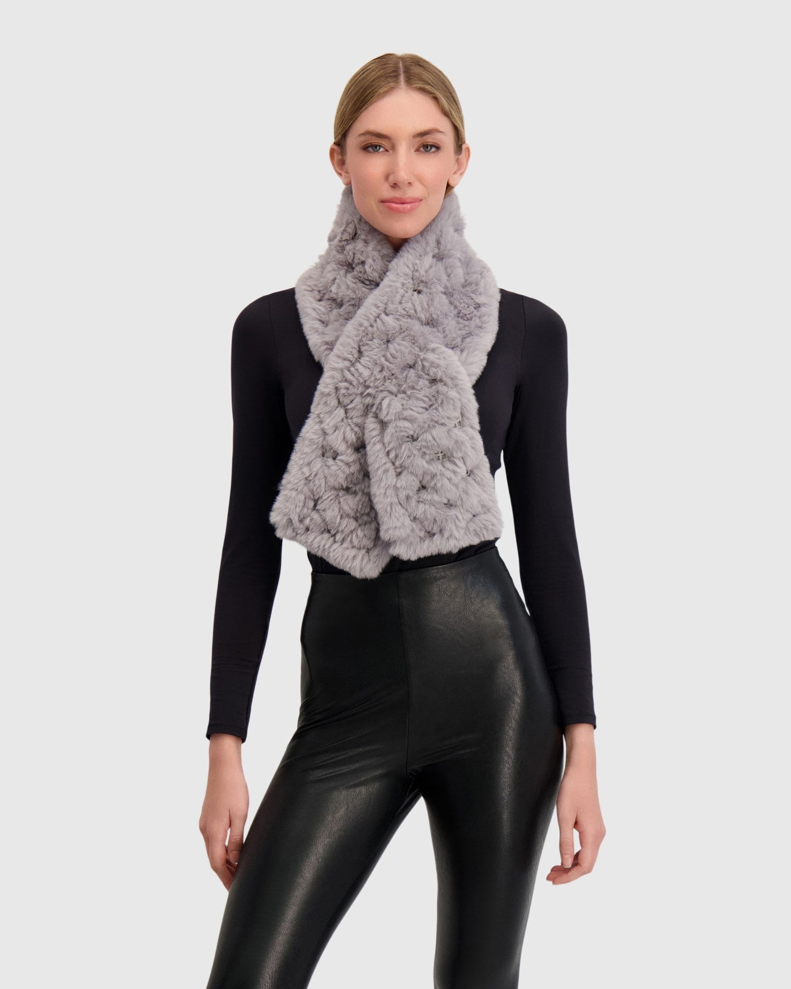 Fur-Free Rex Rabbit (Faux Fur) Knit Pull Through Scarf | Light Gray