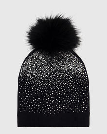 Knit Beanie Hat With Fur-Free Fox (Faux Fur) Pompom | Black/Black