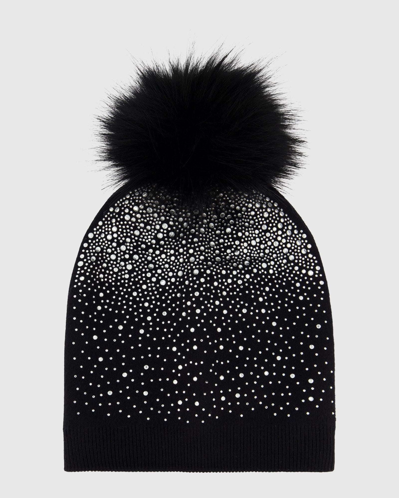 Knit Beanie Hat With Fur-Free Fox (Faux Fur) Pompom | Black/Black