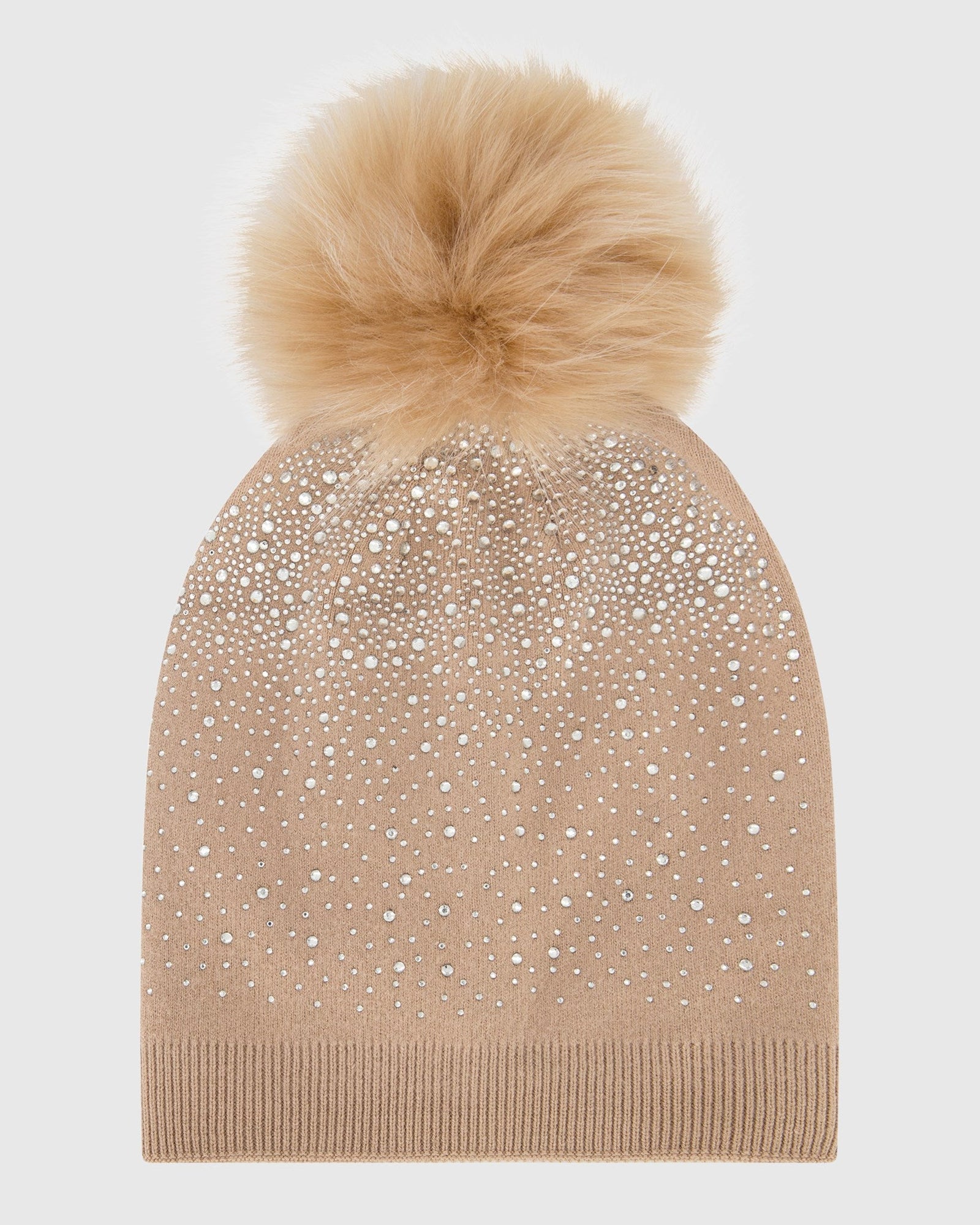 Knit Beanie Hat With Fur-Free Fox (Faux Fur) Pompom | Beige/Beige
