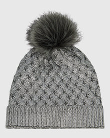 Knit Beanie Hat With Fur-Free Fox (Faux Fur) Pompom | Silver Metallic/Gray