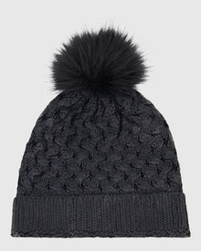 Knit Beanie Hat With Fur-Free Fox (Faux Fur) Pompom | Black Metallic/Black