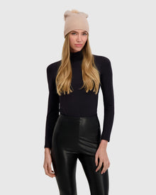 Knit Beanie Hat With Fur-Free Fox (Faux Fur) Pompom | Beige/Beige