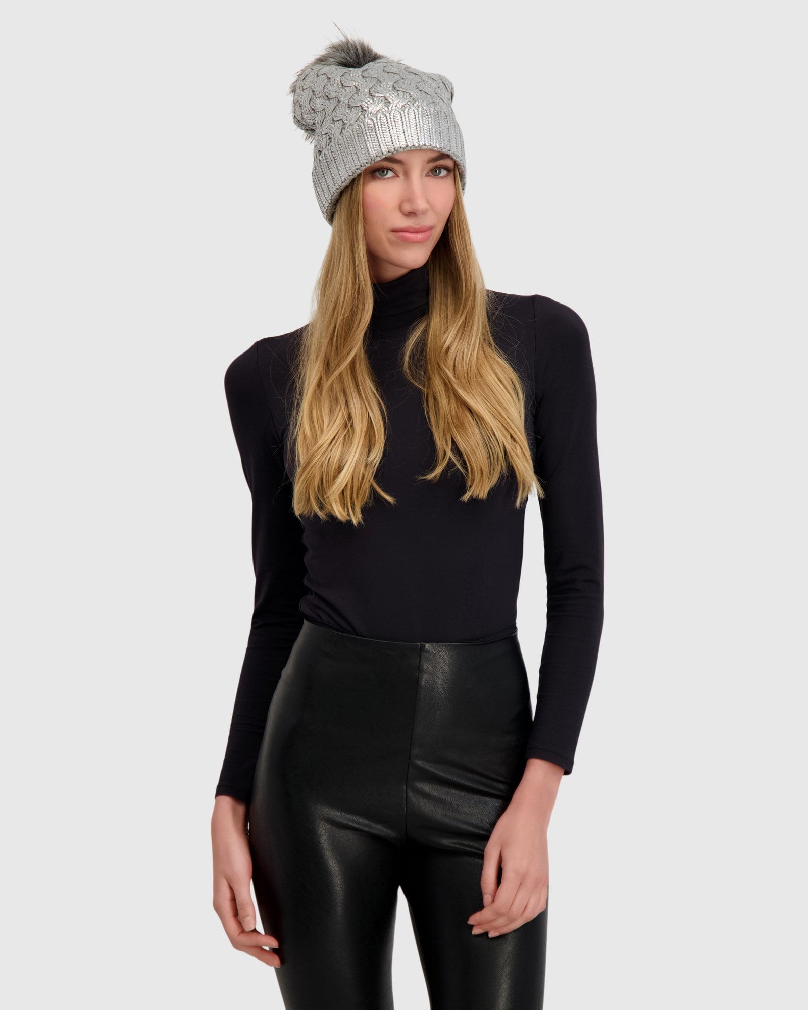 Knit Beanie Hat With Fur-Free Fox (Faux Fur) Pompom | Silver Metallic/Gray