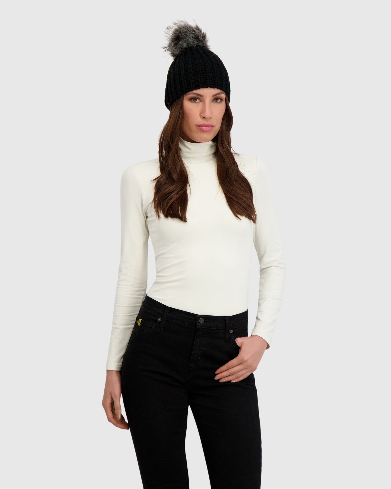 Knit Beanie Hat With Fur-Free Fox (Faux Fur) Pompom | Black/Silver