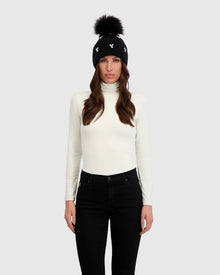 Knit Beanie Hat With Fur-Free Fox (Faux Fur) Pompom | Black/Black