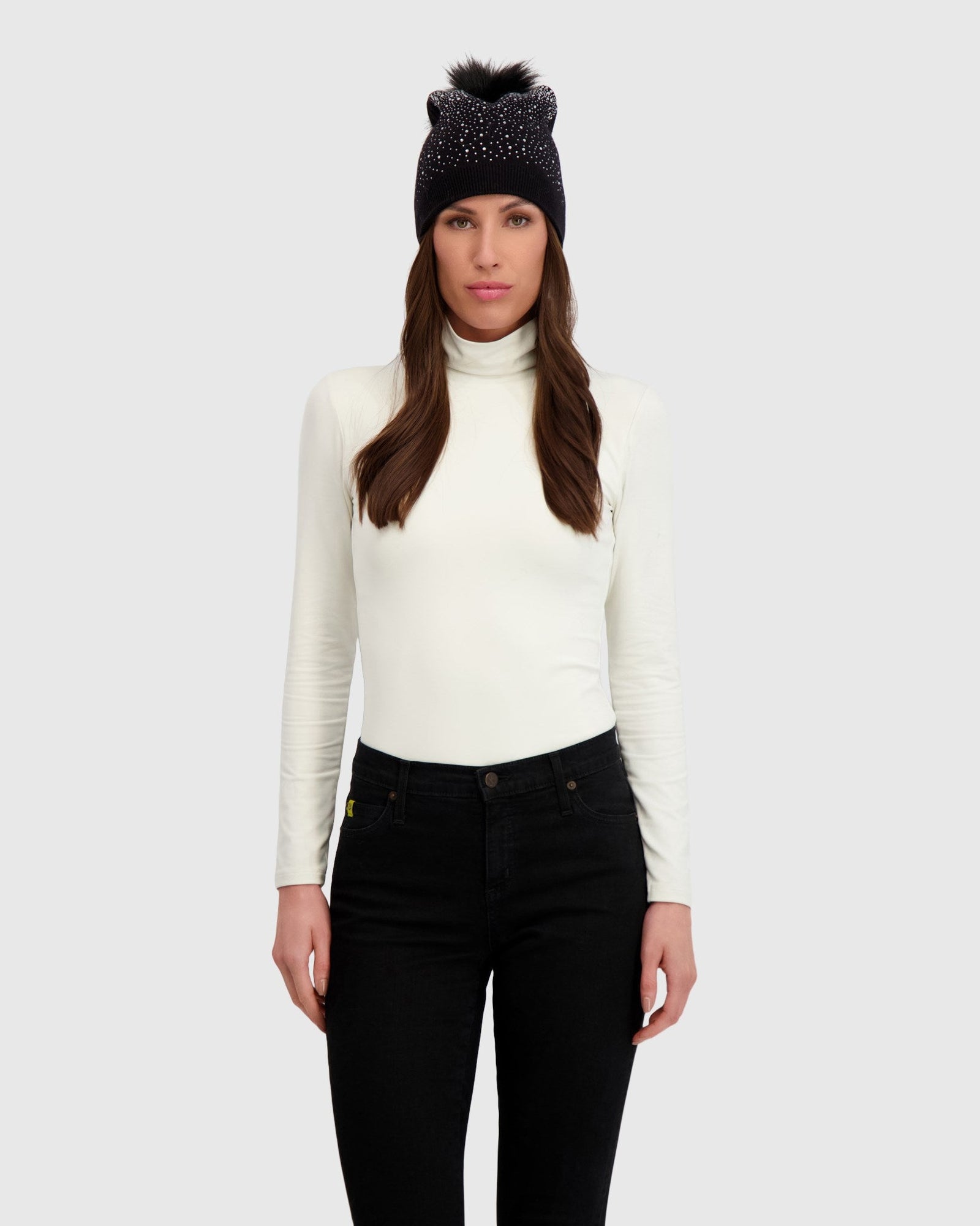 Knit Beanie Hat With Fur-Free Fox (Faux Fur) Pompom | Black/Black