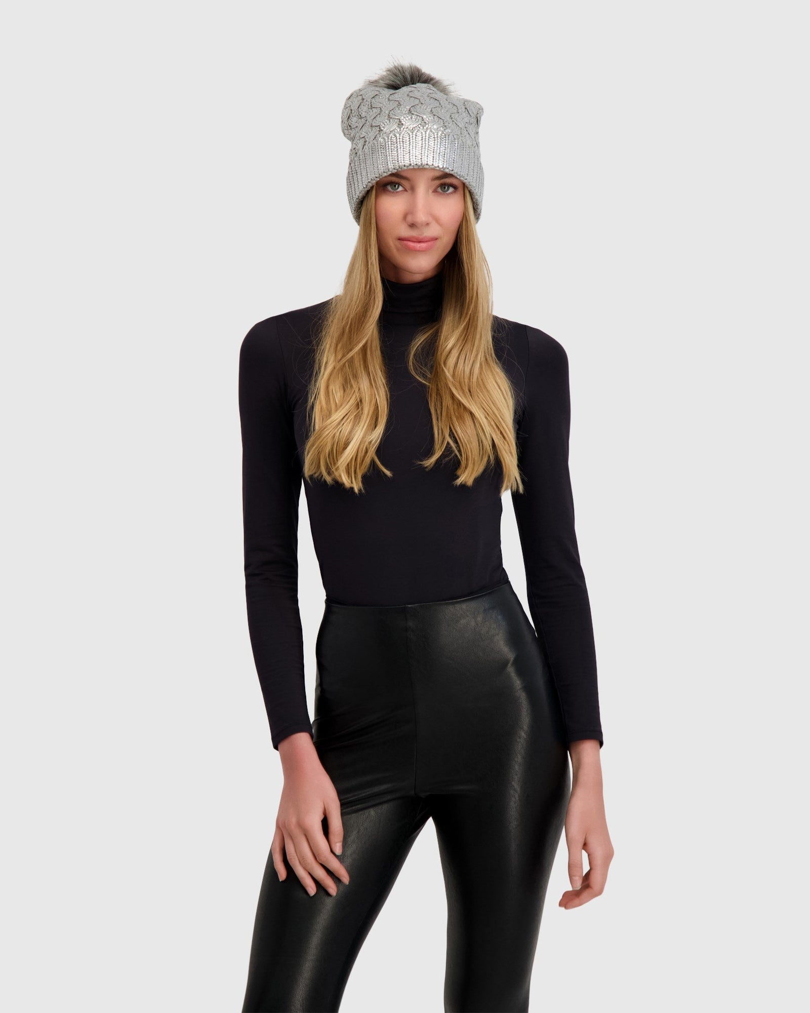 Knit Beanie Hat With Fur-Free Fox (Faux Fur) Pompom | Silver Metallic/Gray