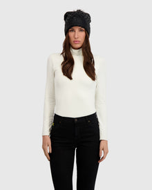 Knit Beanie Hat With Fur-Free Fox (Faux Fur) Pompom | Black Metallic/Black