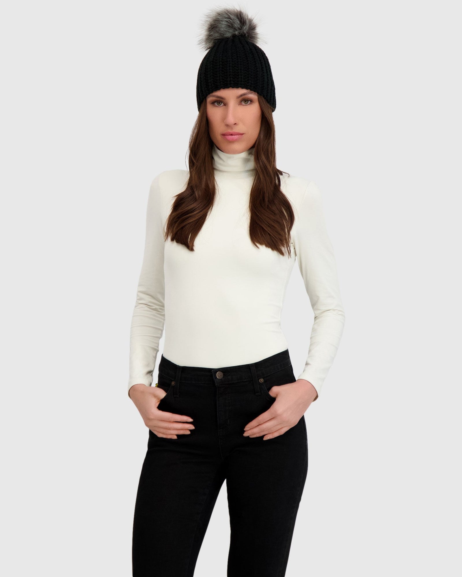 Knit Beanie Hat With Fur-Free Fox (Faux Fur) Pompom | Black/Silver