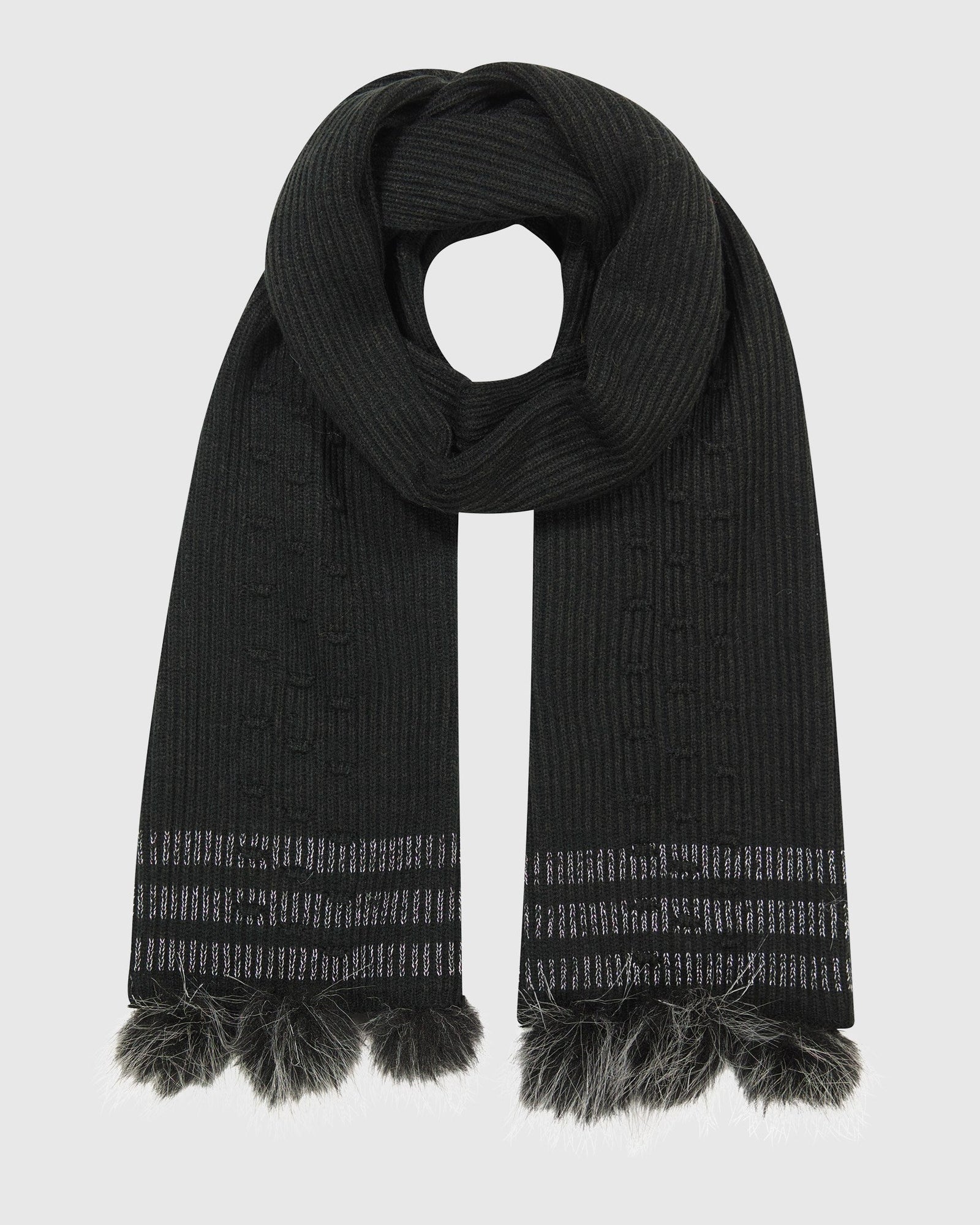 Knit Scarf With Fur-Free Fox (Faux Fur) Pompoms | Black/Silver