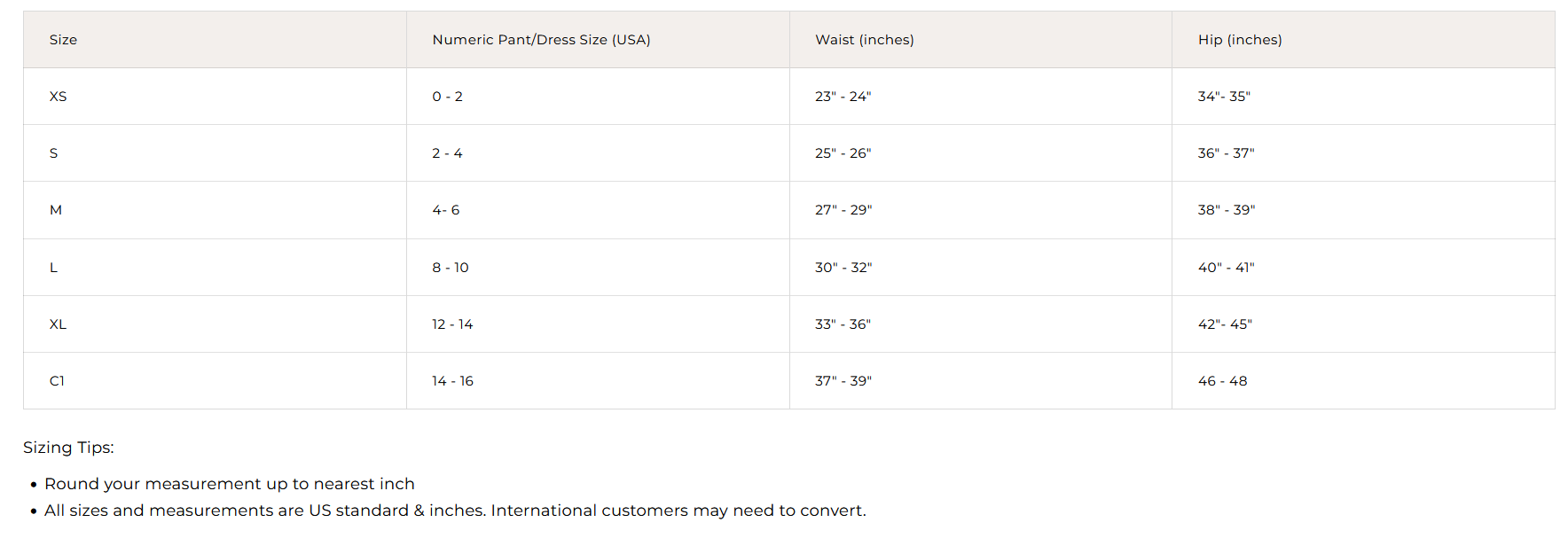 Product size guide