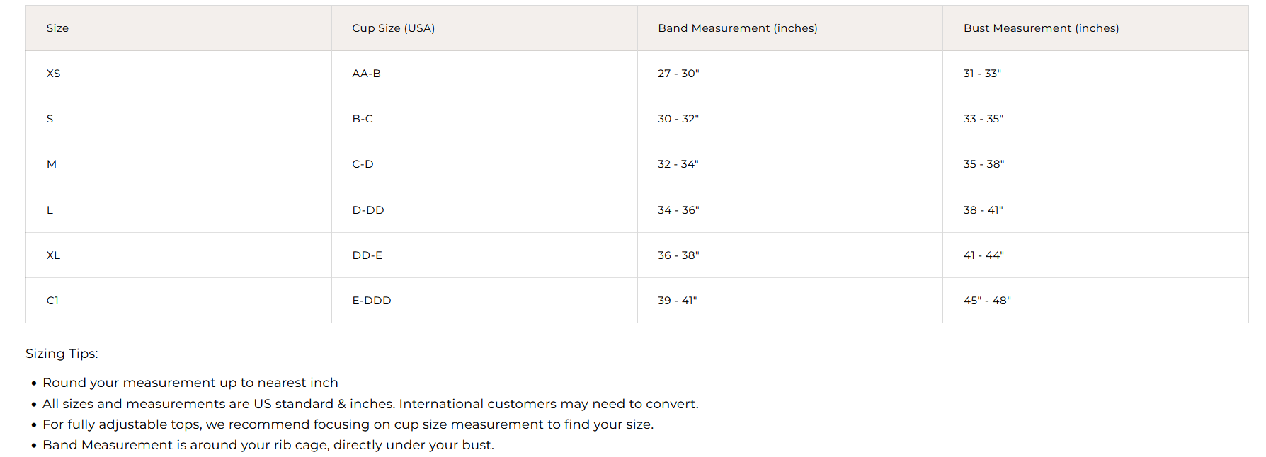 Product size guide