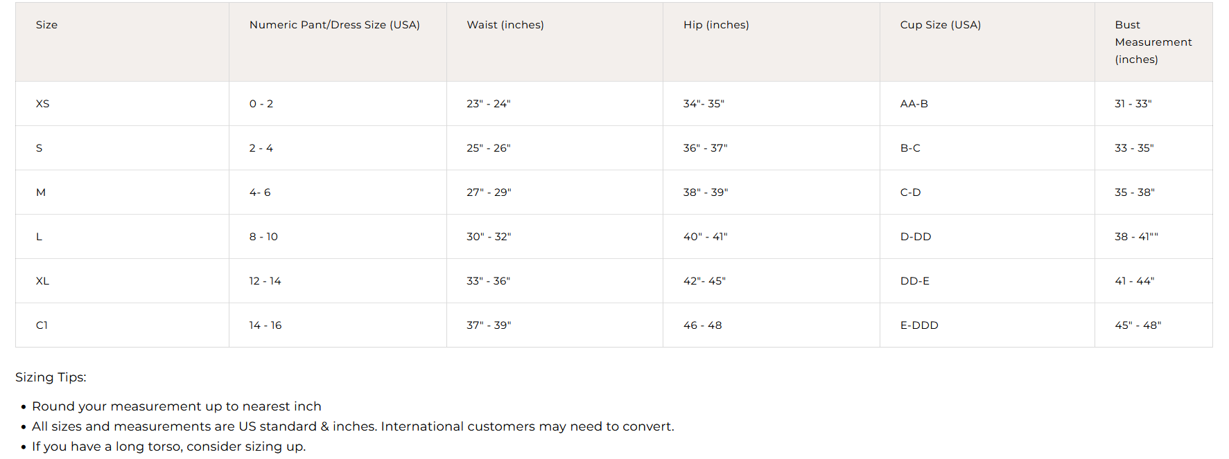 Product size guide