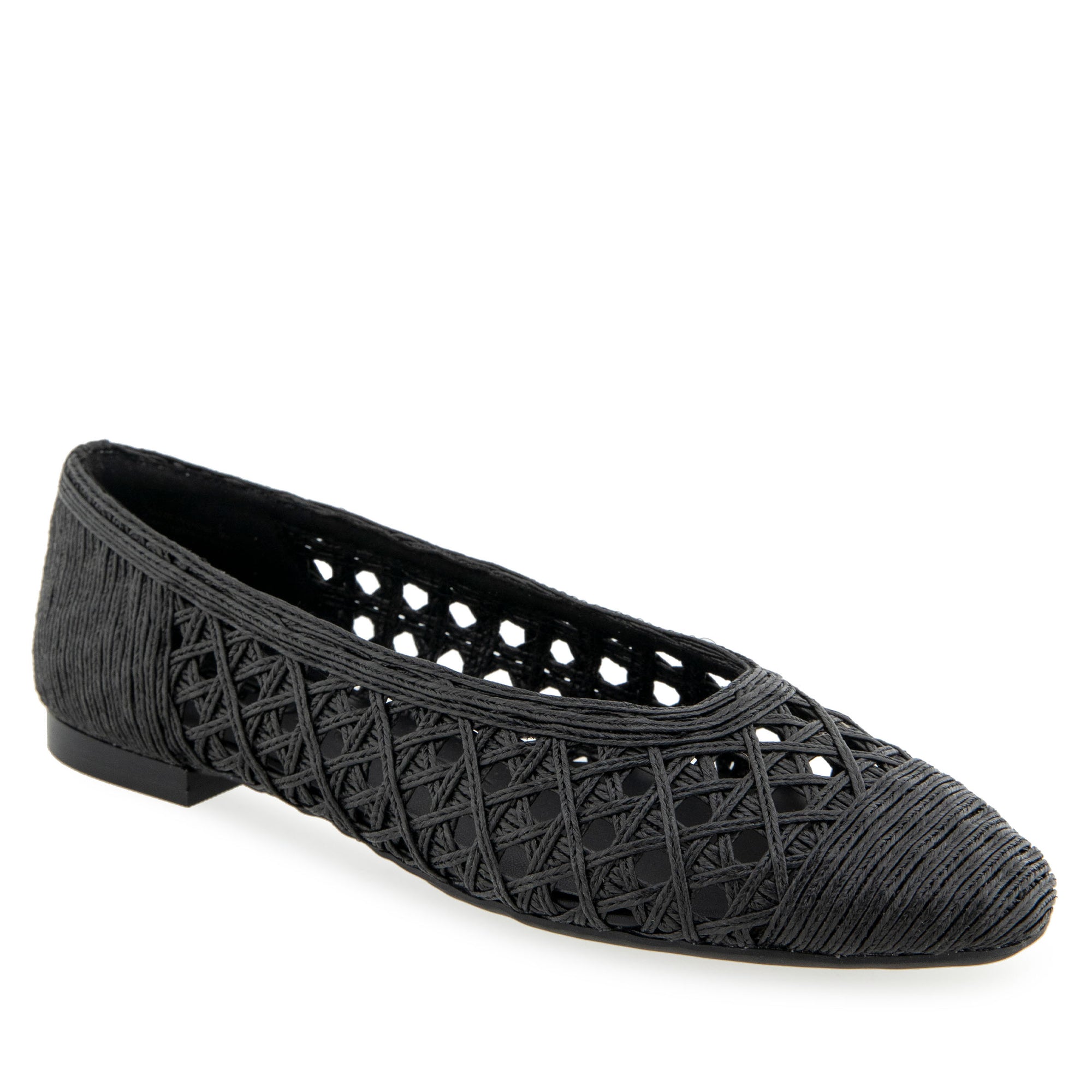 Arnoraff Dress Flat | Black Embroidered Raffia