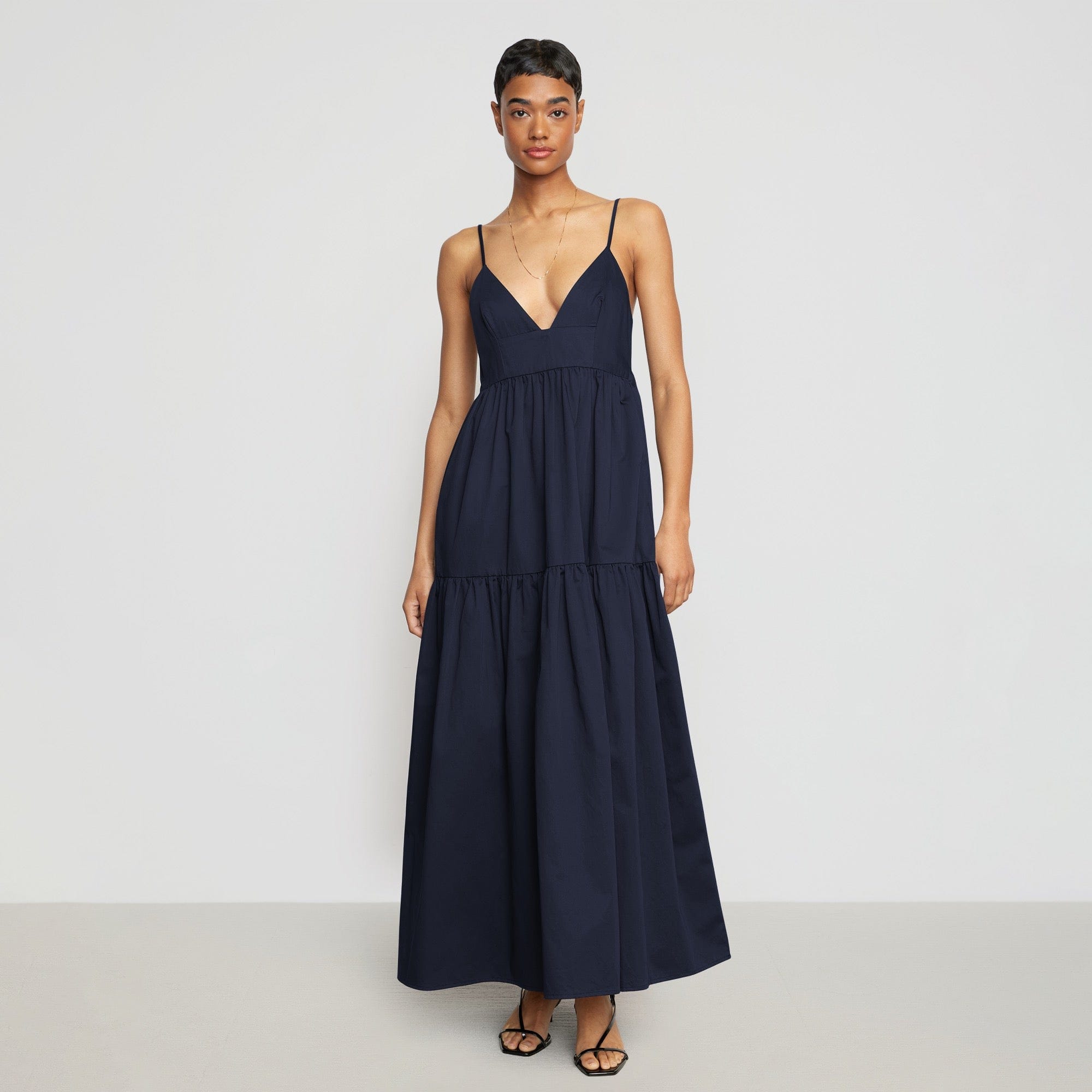 Orchid Sweetheart-Neck Tiered Cotton Maxi Dress | Navy