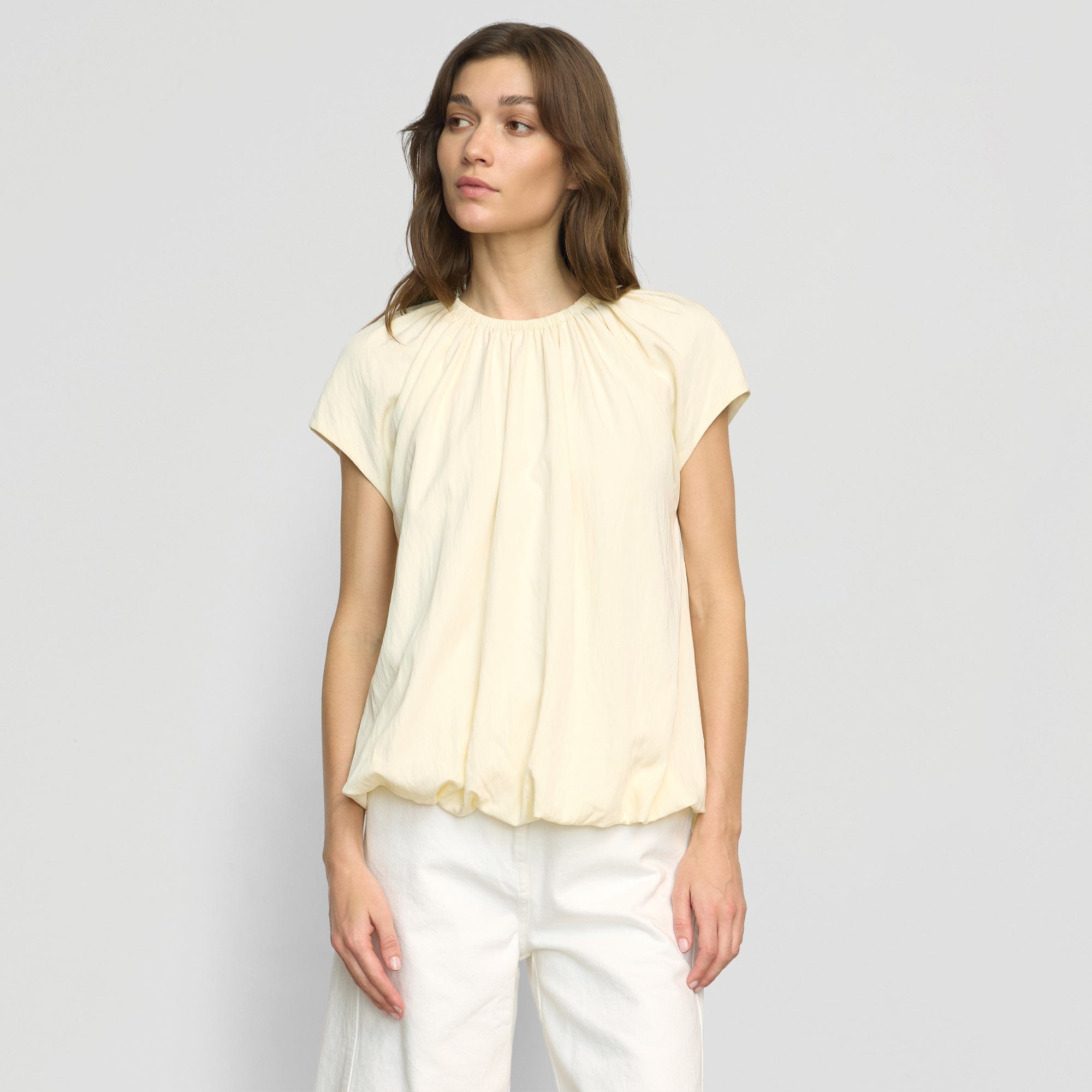 Orinda Shirred-Neck Bubble-Hem Blouse | Buttercream
